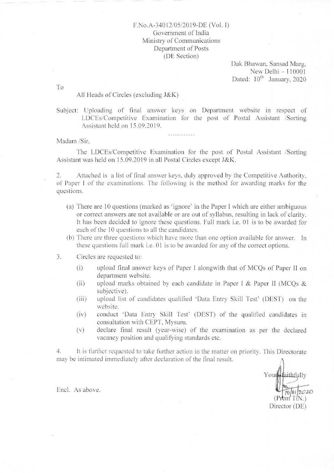 Final Answer Key of PA/SA Examination held on 15-09-2019