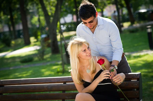 A lover offers a rose to his beloved