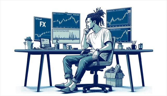 Create a wide illustration of a casual Japanese man with dreadlocks, sitting in a contemplative and slightly despondent pose, reflecting on his recent setbacks in various trading endeavors. The scene should capture him at a desk with multiple screens showing virtual FX and SPXL charts, symbolizing his shift from stock trading to currency trading and point investment via PayPay. Include elements that convey a sense of resignation about day trading and a hopeful curiosity about new financial strategies. The illustration should be simple and minimalistic, focusing on the man's thoughtful and somewhat weary expression.