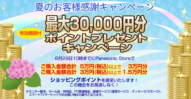 パナソニック公式通販サイトでポイントバックキャンペーン実施中。3万円以上の購入で15000ポイント、5万円以上で3万ポイント還元