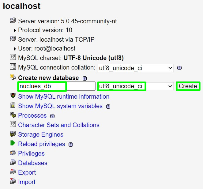 creating database for nucleus cms installation via xampp phpmyadmin
