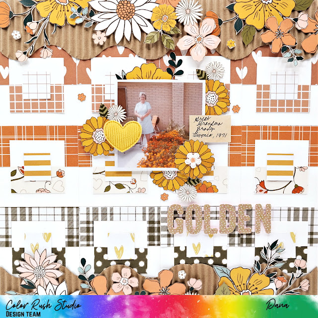 Vintage inspired scrapbook layout with fussy cut flowers and a paper pieced square background created with the Color Rush Studio September Meraki Kit.
