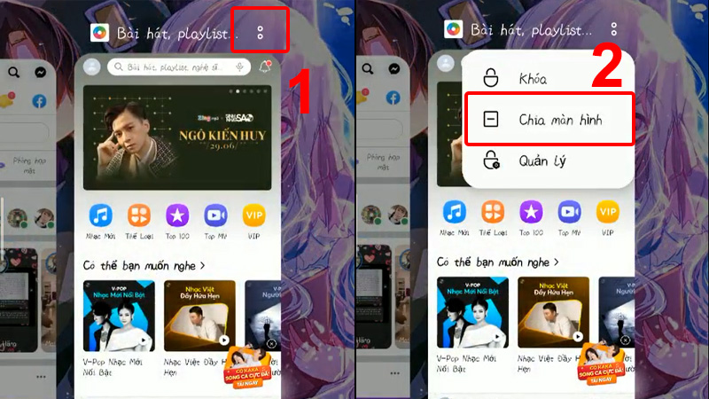 Nhấn vào biểu tượng 2 chấm của ứng dụng và chọn Chia màn hình