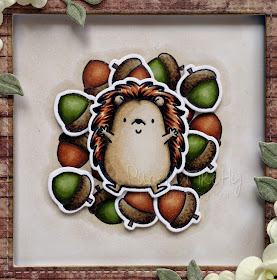 Autumnal hedgehog in acorn pile card using Happy Hedgehog stamps by MFT