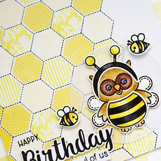 Sunny Studio Stamps: Quilted Hexagons and Happy Owl-o-ween Bumble Bee Themed Birthday Card by Lexa Levana