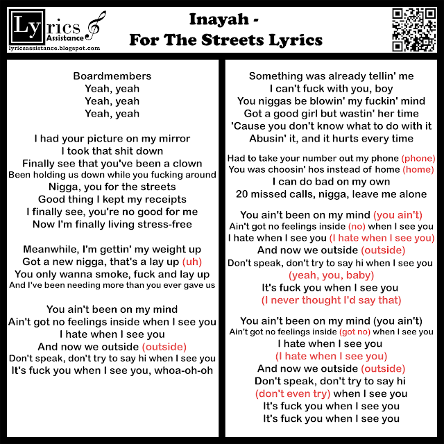 Inayah - For The Streets Lyrics | lyricsassistance.blogspot.com