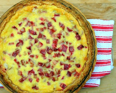 Rhubarb Custard Pie ♥ KitchenParade.com, my very first rhubarb pie recipe, bites of tart red rhubarb with a delicate custard, a rustic, country pie.