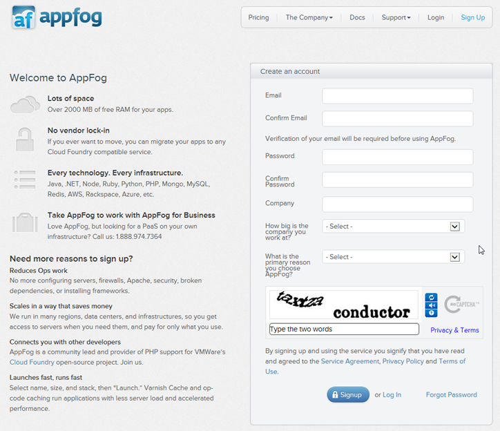 appfog free cloud hosting account signup