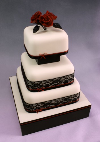 Black Lace and Roses Square Cake Striking red roses and black lace on white