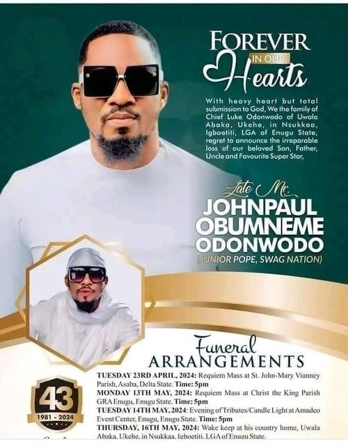  “Why dem no add husband?” – reactions as Junior Pope’s Burial Arrangements Poster Leaves Many Confused