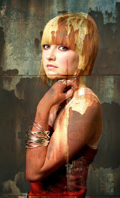 woman blonde hair bowl cut, special effects, photoshop, photography