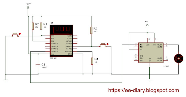 schematic wiring diagram of ESP12E with DC motor, L293D