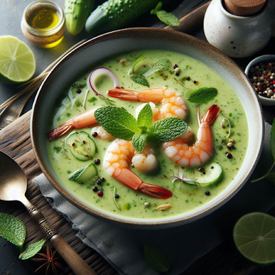 Auf dem Bild ist eine Schale mit sommerlicher Gurkenkaltschale zu sehen. Die cremige grünliche Gurkensuppe ist mit gebratenen Garnelen und frischer Minze garniert. Die sommerliche Gurkenkaltschale mit Garnelen sieht lecker und appetitlich aus.