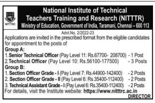 NITTTR Chennai Recruitment 2022 09 Group A & B Posts