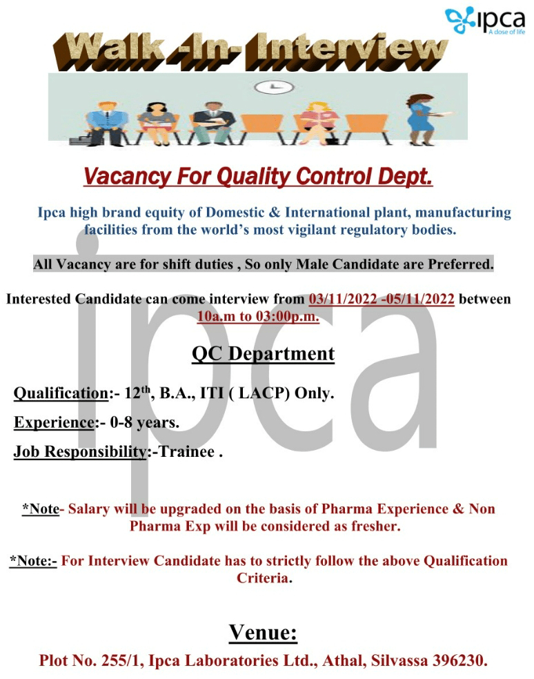 Job Availables, Ipca Laboratories Ltd Walk-In Interview for QC Department