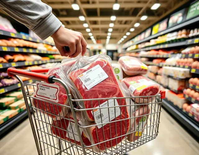 Person pushing a shopping cart loaded with meat, eggs, and butter while shopping for the carnivore diet on a budget.