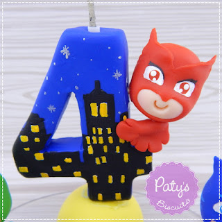 Topinho com vela PJ Masks - Topo de bolo para festa infantil - Paty's Biscuit