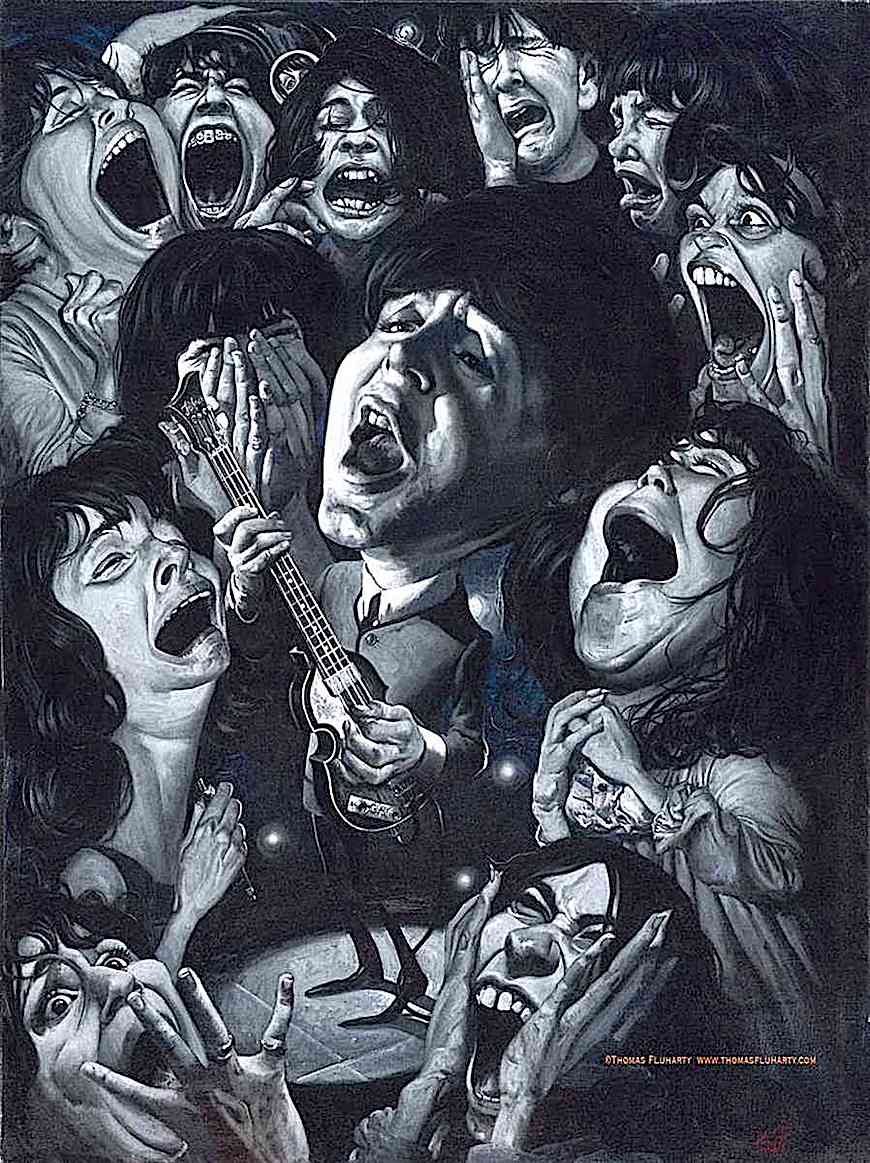 a Tom Fluharty caricature of Paul McCartney with screaming fans