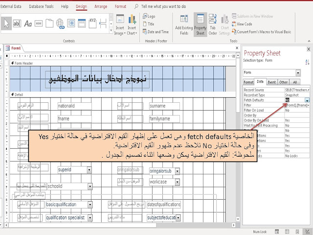 خصائص النموذج form properties في برنامج الاكسيس Ms access