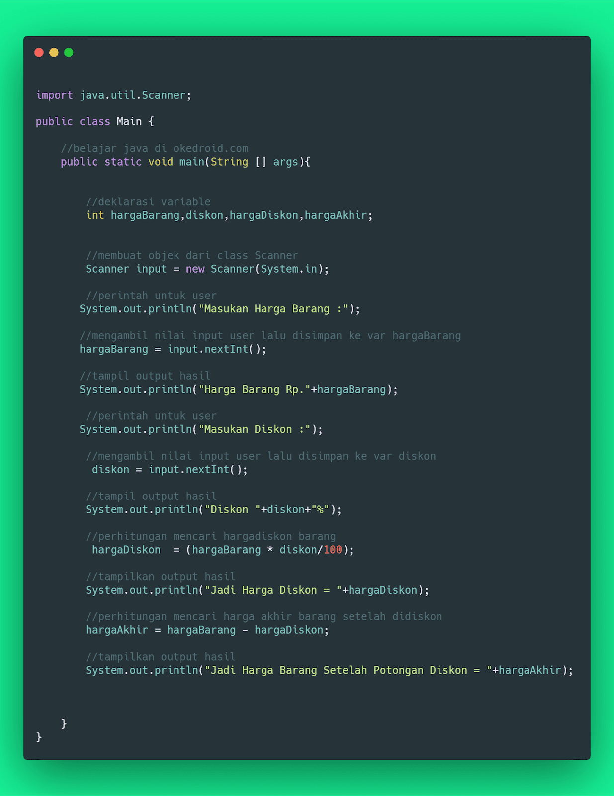 Contoh Program Menghitung Diskon Suatu Harga Barang di Java - Okedroid | Belajar Coding Java ...