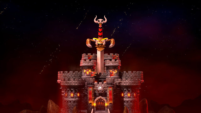 Imagem de Super Mario RPG mostrando o castelo de Bowser com uma espada fincada em seu meio.