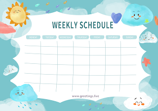 Colorful weekly schedule template with a cheerful sun and fluffy clouds on a sky-blue background, ideal for brightening up your weekly planning