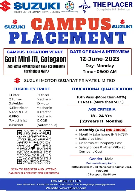 ITI Jobs Campus Placement Drive June 2023 for Suzuki Motor Gujarat Private Limited at Jharkhand, Madhya Pradesh and Bihar