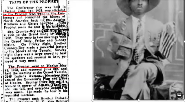 Prophet Noble Drew Ali holding flags on trip to Mexico next to an old article about his trip