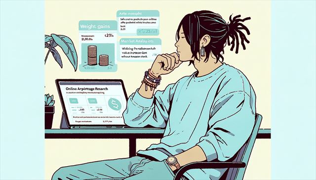 A simple, minimal style illustration in pastel colors featuring a casual-dressed Japanese man with dreadlocks. This scene captures the contemplative moment of a man reflecting on his recent weight gain and delving into the world of online arbitrage research. Illustrate the character sitting at a desk with a laptop open to pages of product listings and market analysis, pondering strategies for safe investment in items that have potential for value increase without Amazon stock. The atmosphere should be quiet and focused, symbolizing the careful planning and research phase before starting a new venture in online selling.