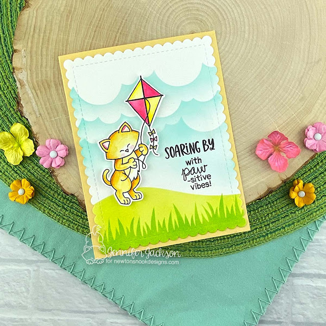 Soaring By Kitty and Kite Card by Jennifer Jackson | Newton's Kite Stamp Set, Clouds Stencil, Hills & Grass Stencil and Frames & Flags Die Set by Newton's Nook Designs #newtonsnook #handmade