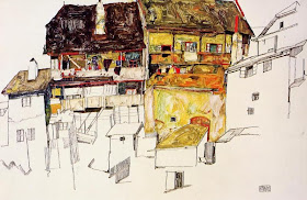 Drawing of houses by Egon Schiele; detailed description follows in caption.