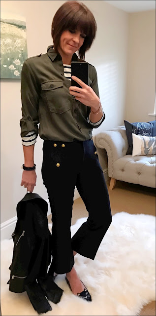 My Midlife Fashion, zara military shirt, hm breton, j crew cropped sailor pants, charlotte olympia kitty slipper shoes, massimo dutti leather biker jacket