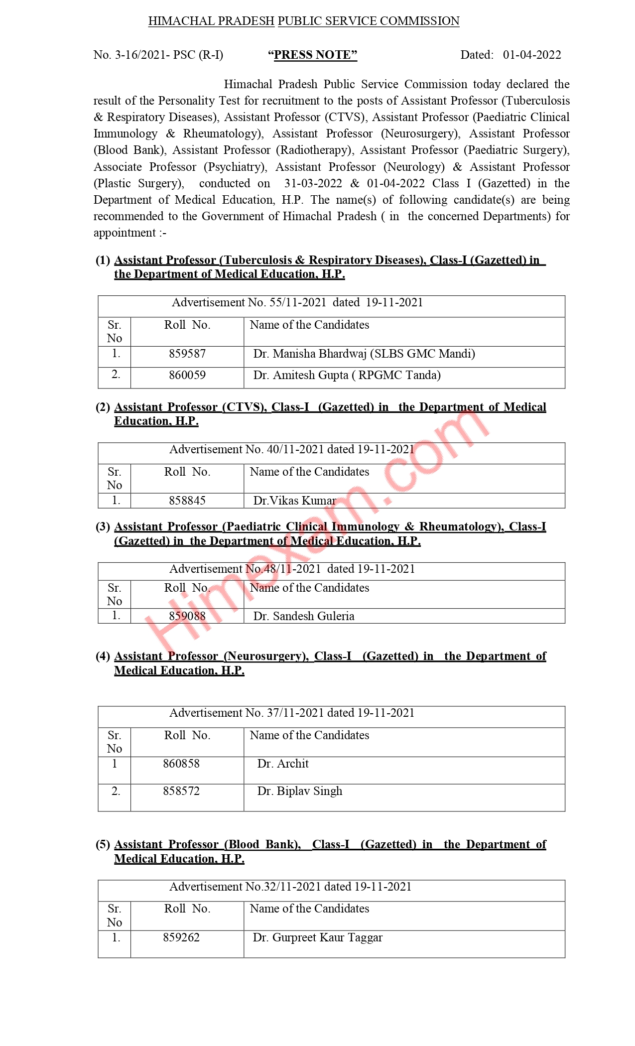 Regarding Result of the Personality Test for Various Posts of Assistant Professor conducted on 31-03-2022 & 01-04-2022 in the Department of Medical Education-HPPSC Shimla