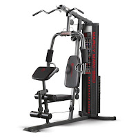 Marcy MWM-990 150 lb Stack Home Gym, allows for maximum weight resistance of 200 lbs depending on type of exercise performed, dual function press arms, padded press arm, upper pulley, overhead lat station, dual function leg developer, adjustable preacher curl pad, weight stack lock