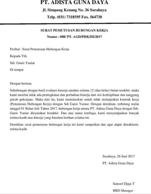 Contoh Surat Pemberhentian Kerja  Contoh Surat