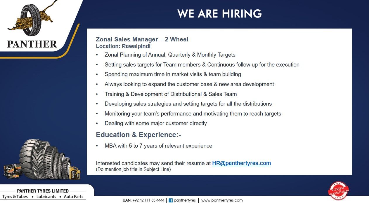 Panther Tyres Limited Jobs For Zonal Manager