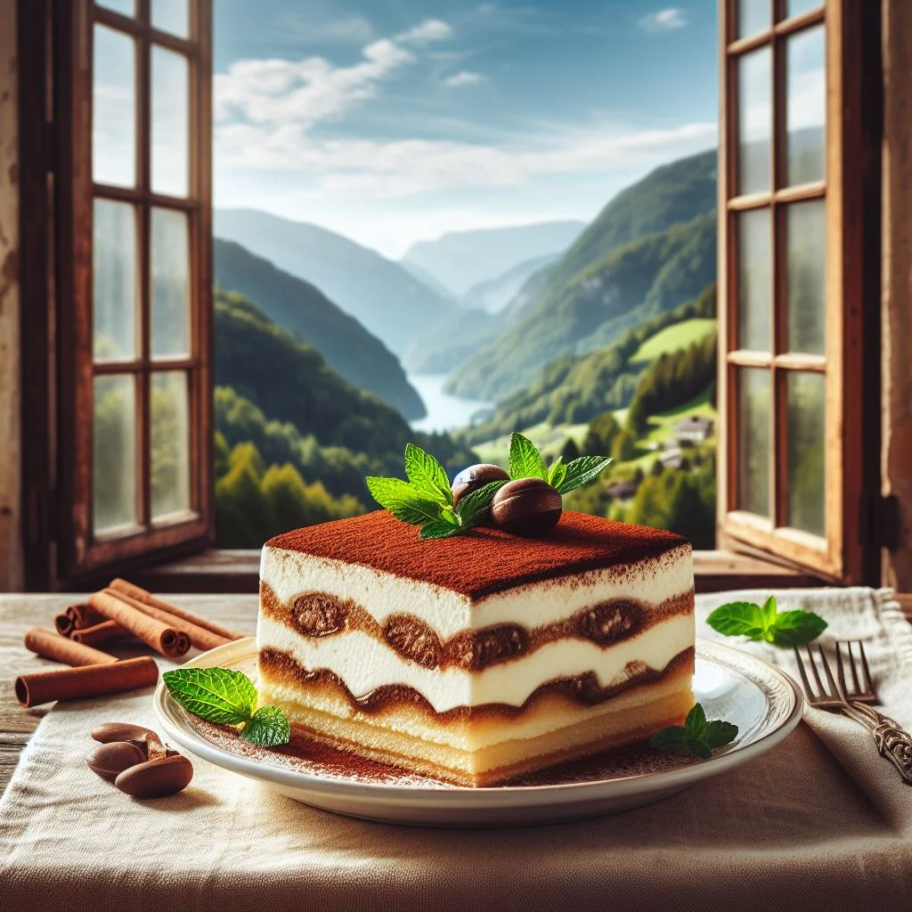 plato de tiramisu frente a una ventana con vista al campo