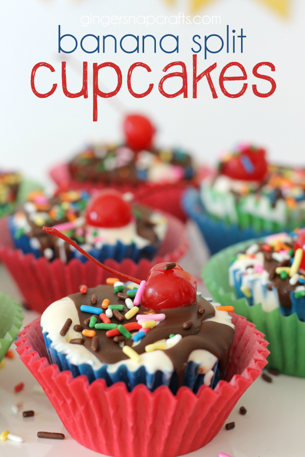 banana split cupcakes at GingerSnapCrafts.com #dessert #recipes
