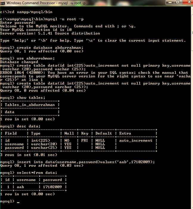 Lupa BAHAYA!!!: cara bikin table database xampp cmd