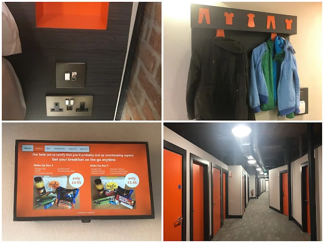 A collage of 4 photographs showing the light switches, plus and shelf next to the bed, a place to hang your coat, the Television and a corridor with lots of orange doors