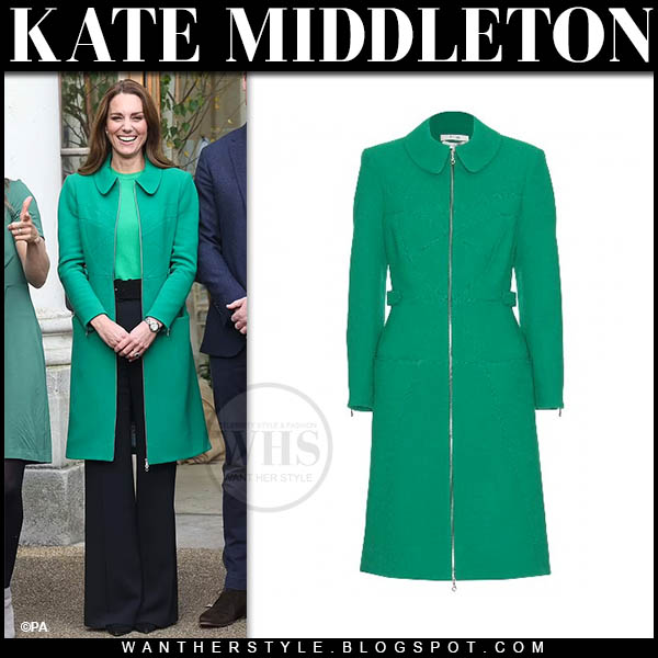 Kate Middleton in green coat and black trousers at Kew Gardens