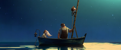 Um barco no mar com um senhor e um homem auxiliando uma criança a subir as escadas rumo à lua. Cena do curta-metragem La Luna, da Pixar.