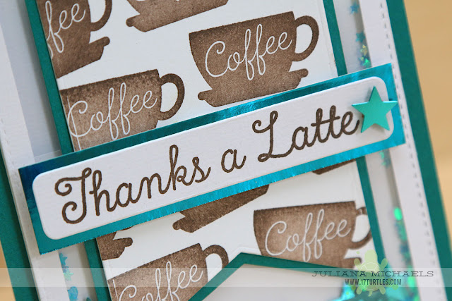 Thanks A Latte Card by Juliana Michaels featuring a shaker box and stamps and dies from MFT Stamps