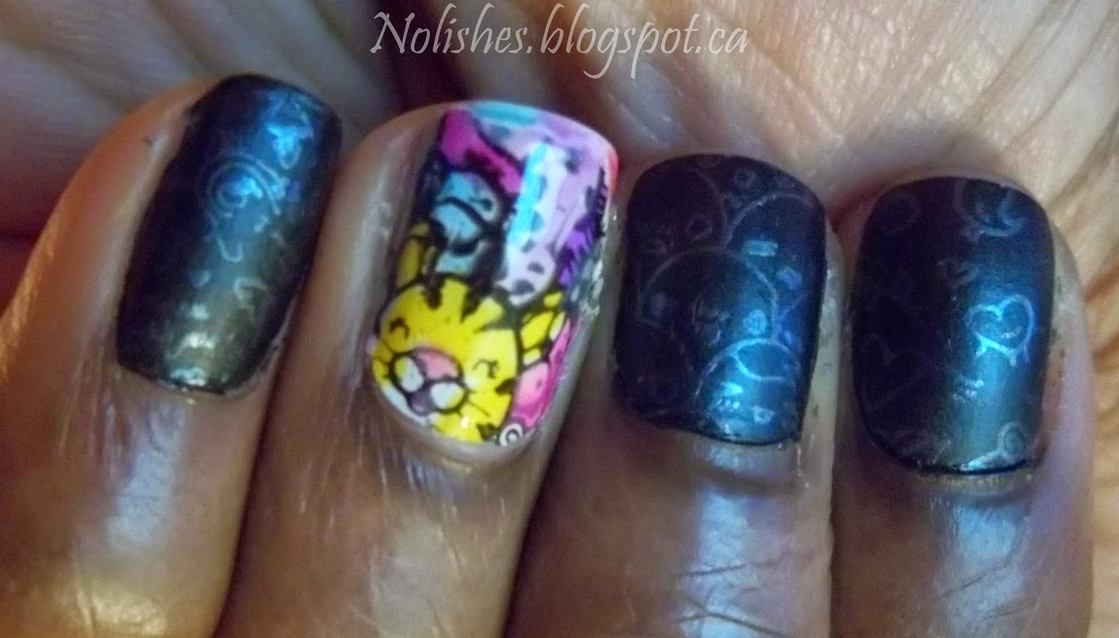 Colourful Cartoon Mani - Version 2.0 (Closeup of Additional Stamping) Colourful Cartoon Nail Stamping Manicure using Lead Light Technique, and Moyou London Princess Collection Plate 11. Polishes used include: Misa 'Bed of Roses'; Nfu OH Jelly Syrup Series Polishes NFU JS20, NFU JS18, NFU JS17, NFU JS12; China Glaze 'Creative Fantasy'; OPI '4 in the Morning'; NYC 'French White Tip', and Rimmel 'Black Satin'