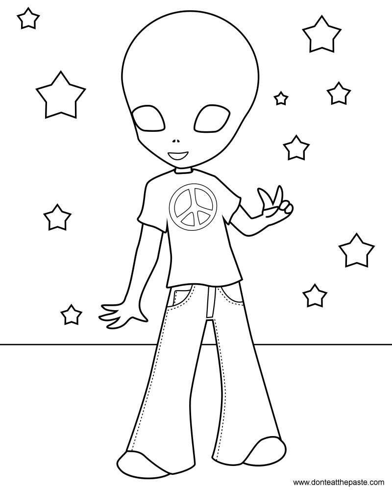 alien flashing a peace sign coloring page version