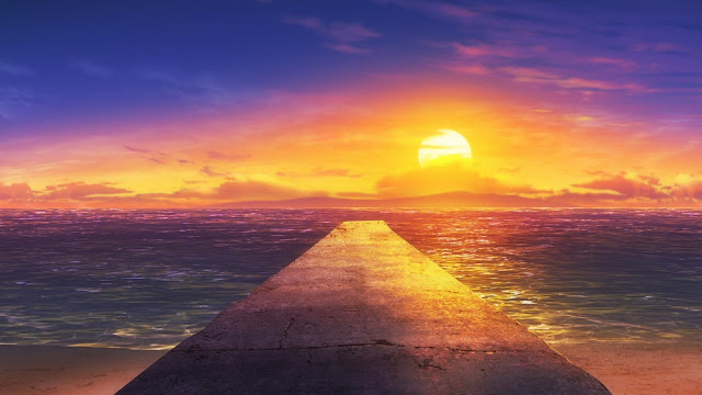 Anime cute ocean sunset landscape background