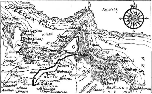 Illustrazione della mappa da 'Sand Kings of Oman' pubblicato da Methuen nel 1947.