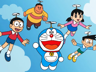 Foto gambar Doraemon dan teman-teman lagi terbang