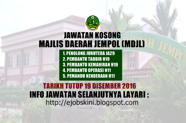 Jawatan Kosong Majlis Daerah Jempol (MDJL) - 19 Disember 2016