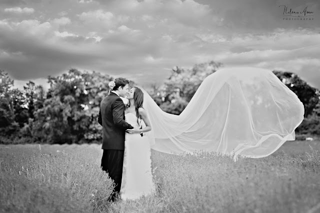 bride's veil flying in the air on a lavender field